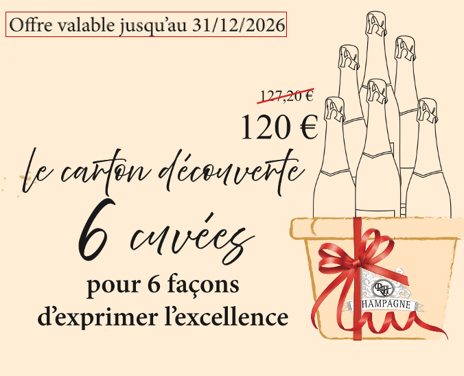 Le carton découverte : 6 cuvées à 120 € au lieu de 127,20 €, offre valable jusqu'au 31/12/2026